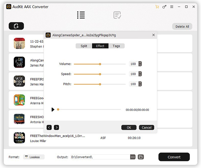 split audible books and change effect