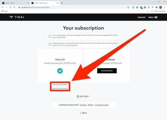 cancel tidal on web player