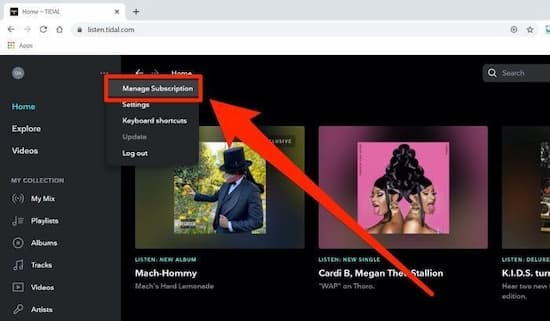 manage tidal subscription on web player