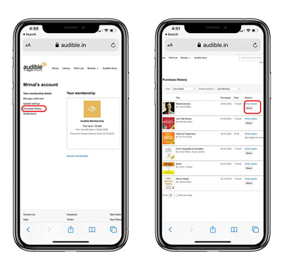 how to return audible book on iphone
