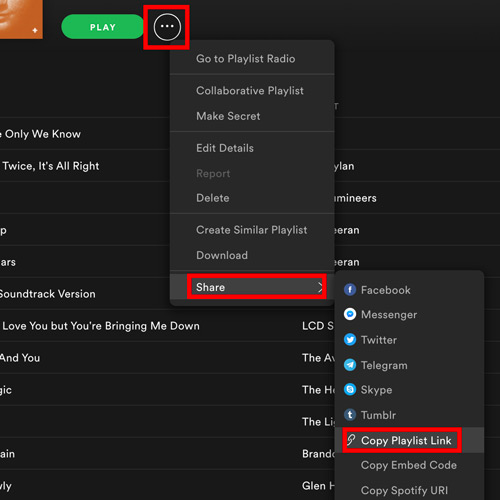 copy spotify song or playlist link