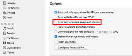 choose sync only checked songs and videos