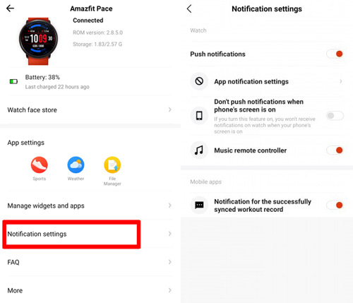 enable notification settings on the amazfit app