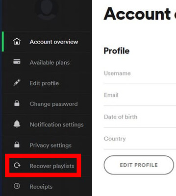 recover playlist spotify pc page