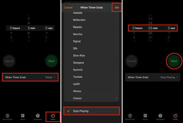how to put a sleep timer on spotify iphone via clock app