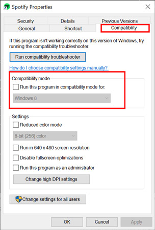 run spotify program in compatibility mode