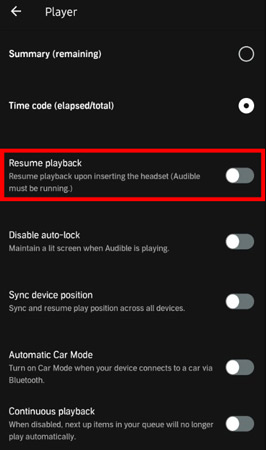 disable resume playback to stop audible from playing automatically