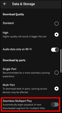 disable seamless multipart play on audible