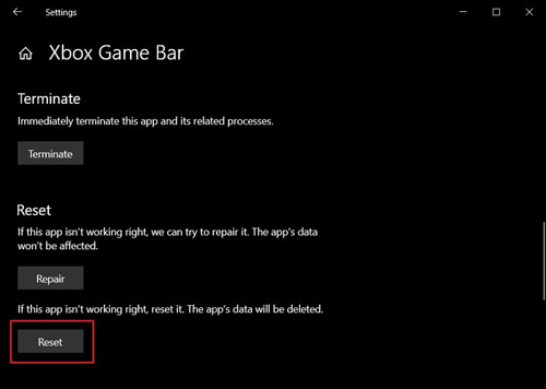 reset xbox game bar on windows