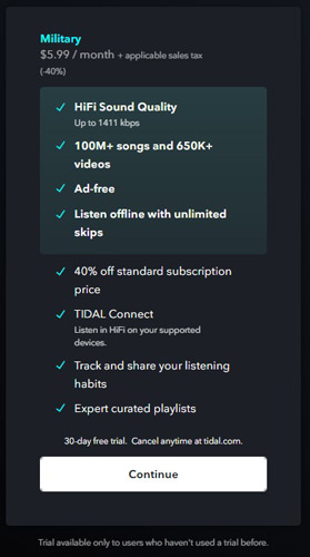 how to get tidal military discount
