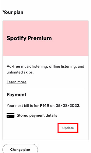 how to update spotify payment on mobile