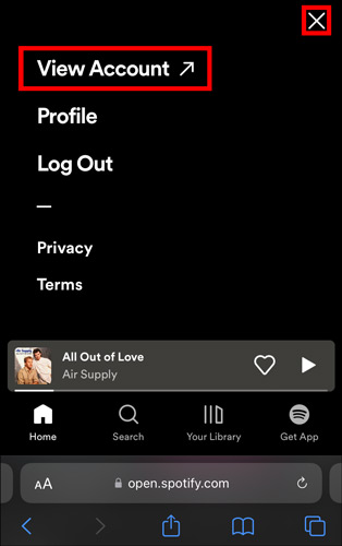 view account on spotify webpage mobile