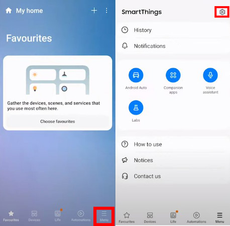 open settings on smart things app