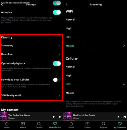 change playback options on tidal