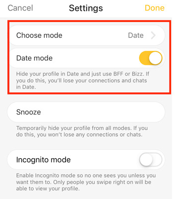 turn off and on date mode bumble