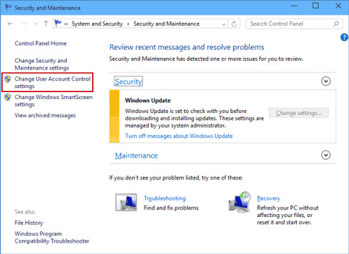 security and maintenance settings windows
