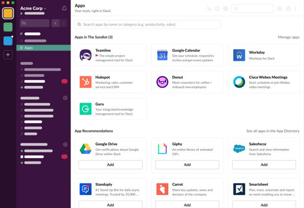 open apps in the slack