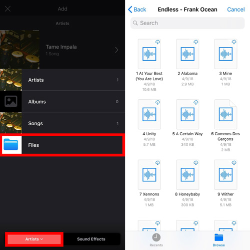 how to add audio to videoleap from spotify via files