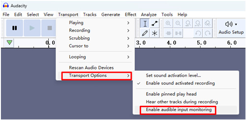 turn off enable audible input monitoring on audacity
